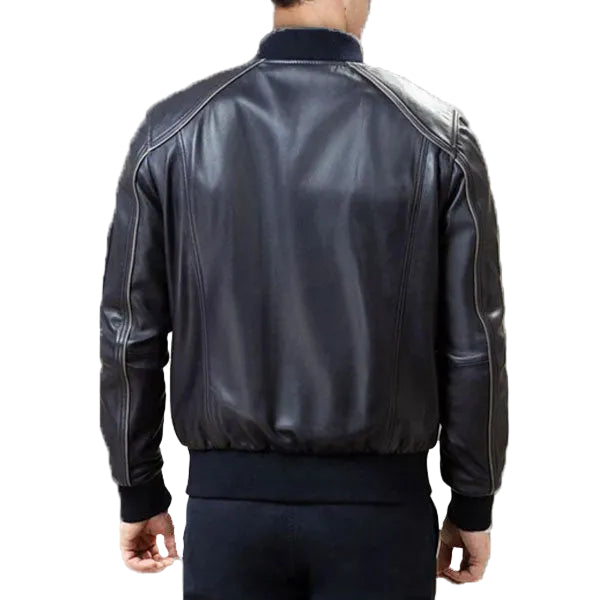 men’s black cowhide leather bomber jacket side angle