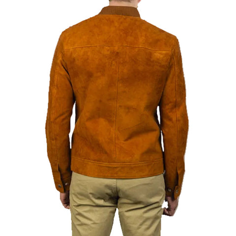men’s brown suede leather bomber jacket side angle