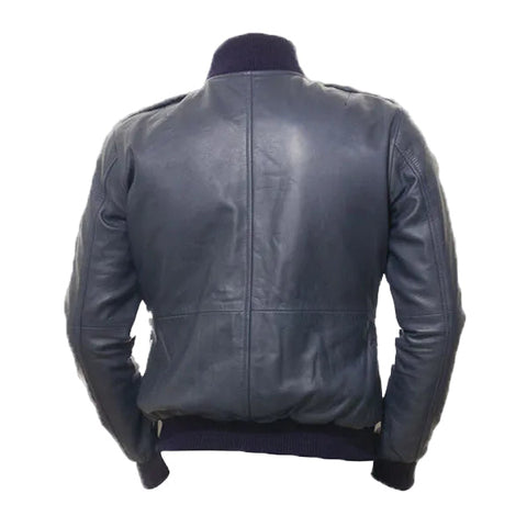 men’s blue cowhide leather bomber jacket side angle