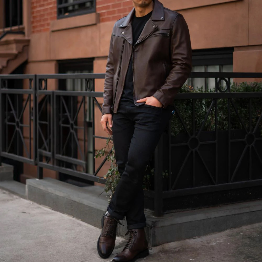 men's brown leather racer jacket leif texture detail