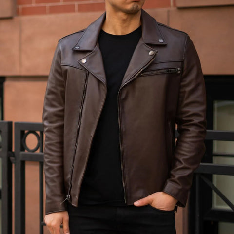 men's brown leather racer jacket leif detail close up