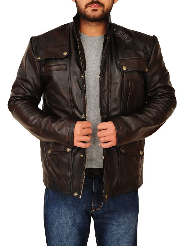 men’s dark brown cowhide leather jacket detail view