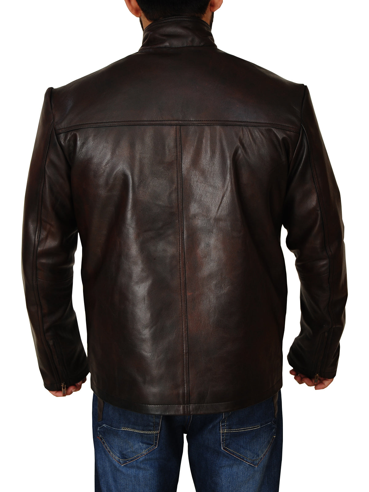 men’s dark brown cowhide leather jacket side angle