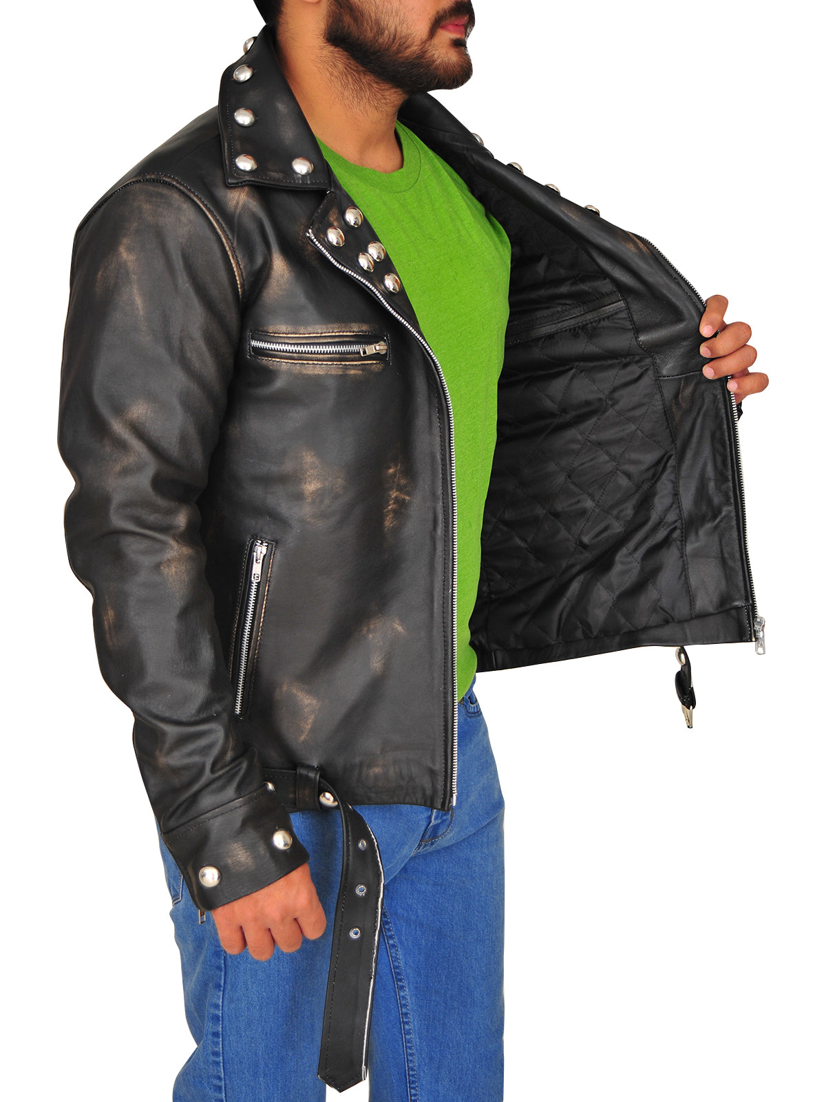 men’s brown faux leather jacket detail view