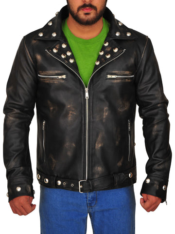men’s brown faux leather jacket side angle