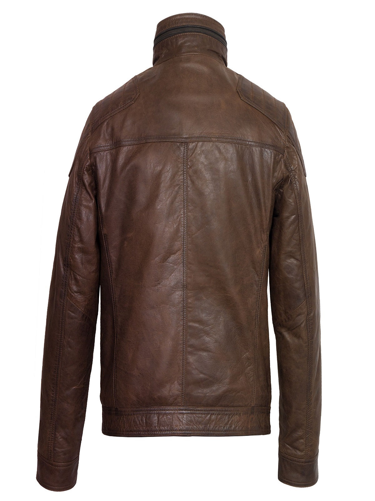 men’s dark brown cowhide leather jacket side angle