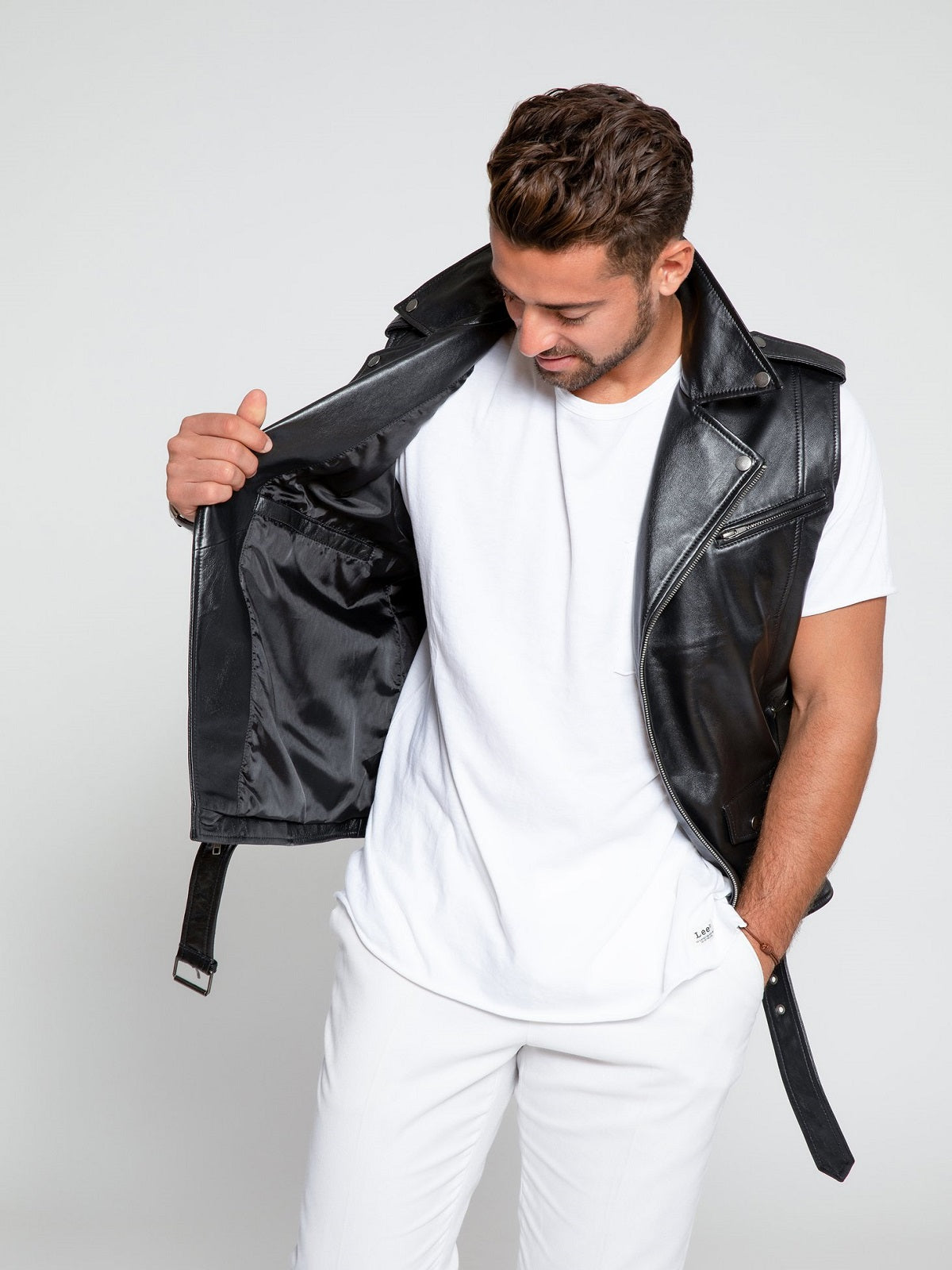 men's black leather vest cassian side angle