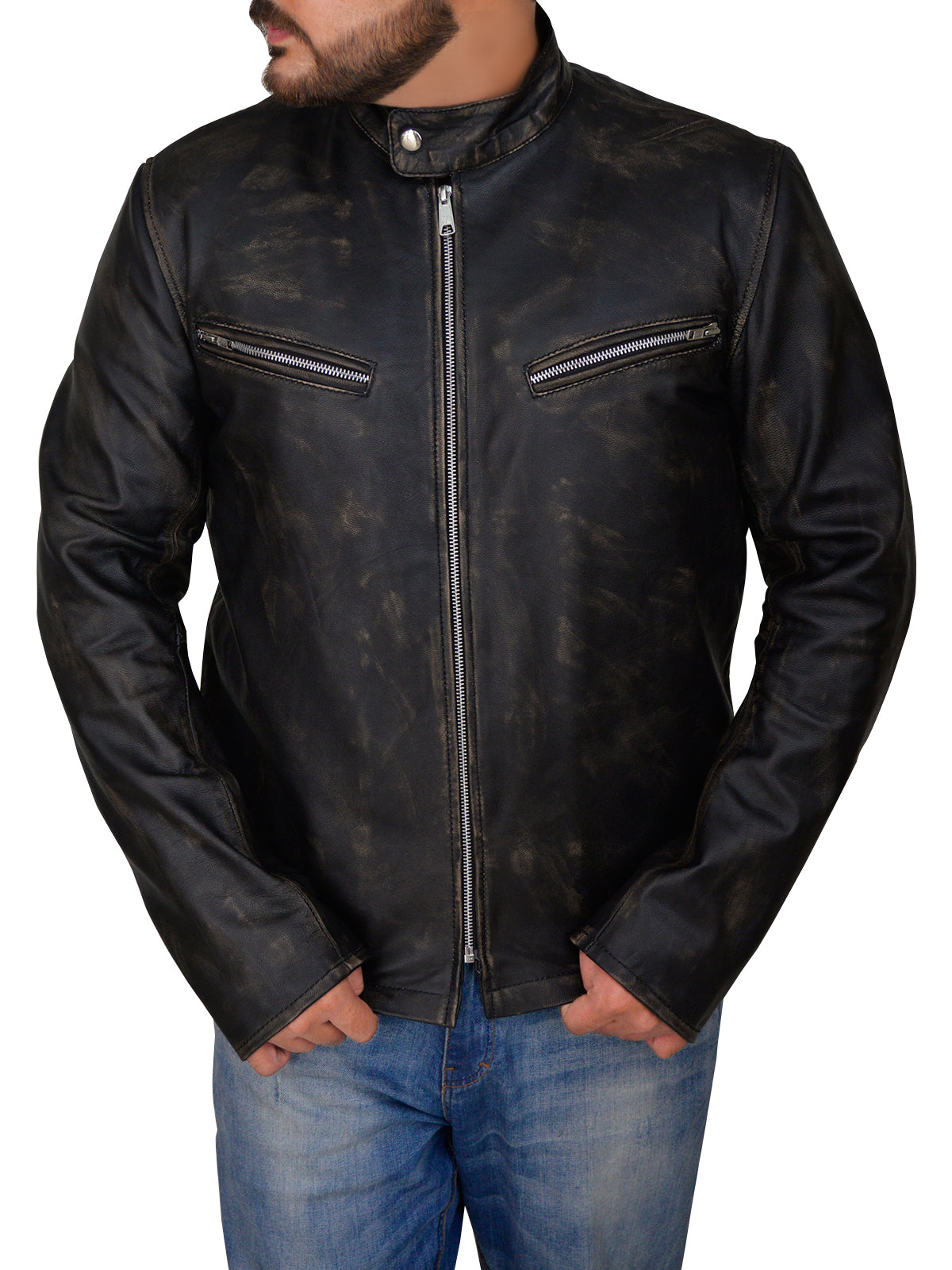 men's black distressed leather racer jacket lucien detail close up