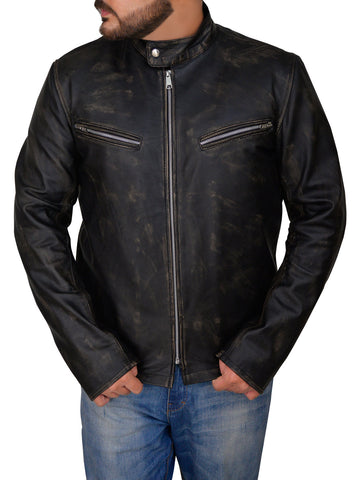 men's black distressed leather racer jacket lucien detail close up