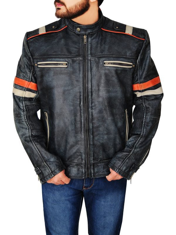 men's black distressed leather racer jacket brenner side angle