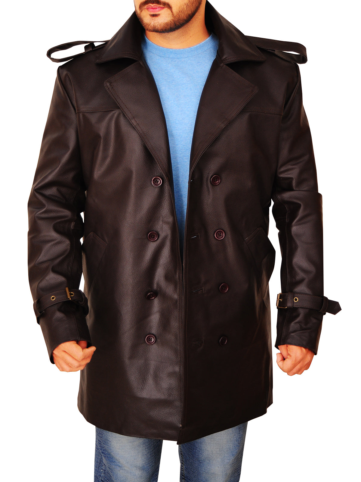 men's brown leather leather coat marlow detail close up