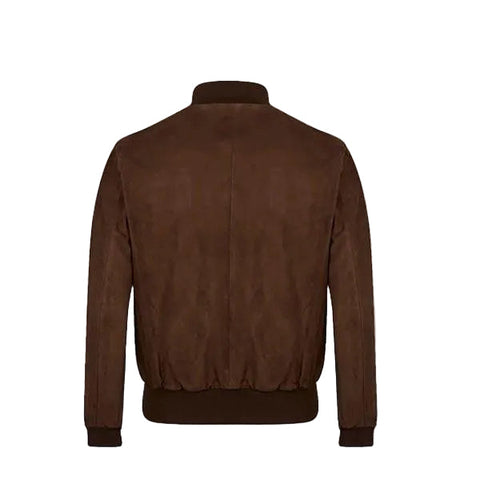 men’s brown suede leather bomber jacket side angle