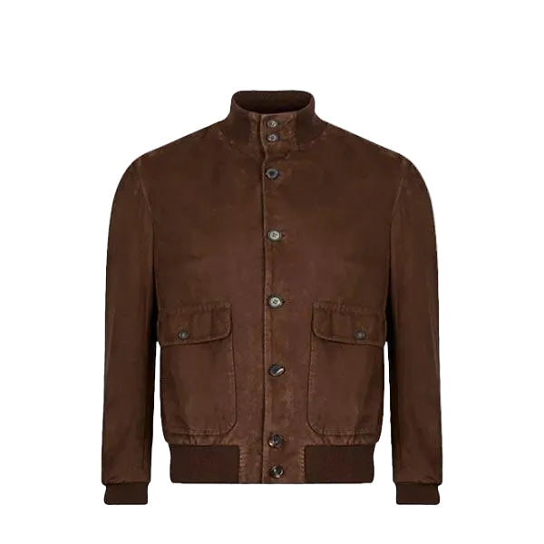 men’s brown suede leather bomber jacket front view
