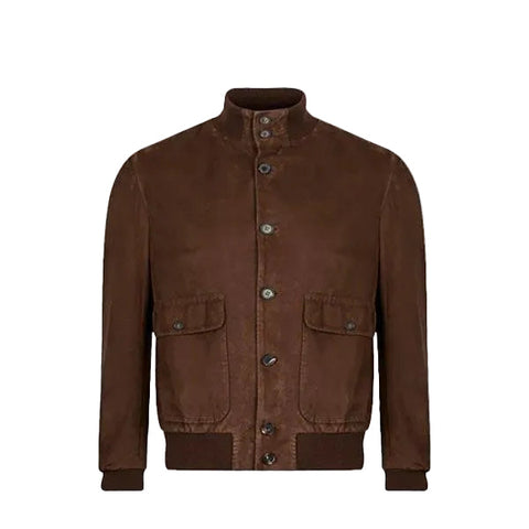 men’s brown suede leather bomber jacket front view