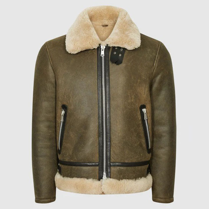 Men's Army Green Shearling Aviator Jacket - Classic Style - AMSEL LEATHERS