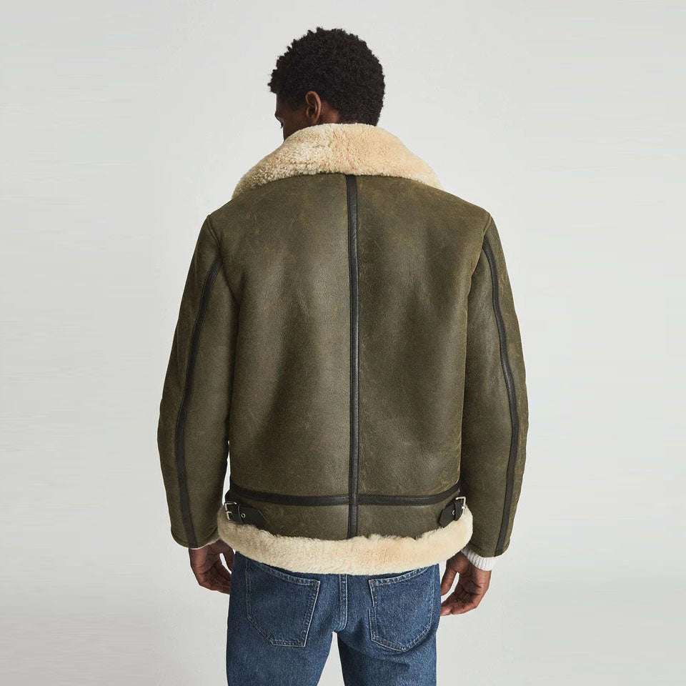 Men's Army Green Shearling Aviator Jacket - Classic Style - AMSEL LEATHERS