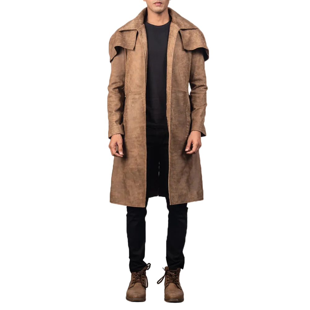 • brown leather duster coat mens sheepskin front view
