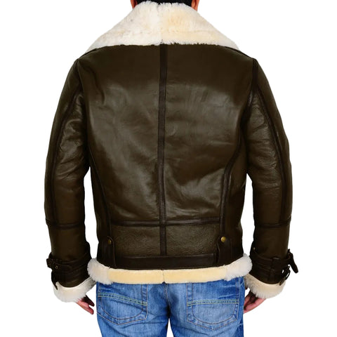 • mens b3 shearling leather jacket green color detail
