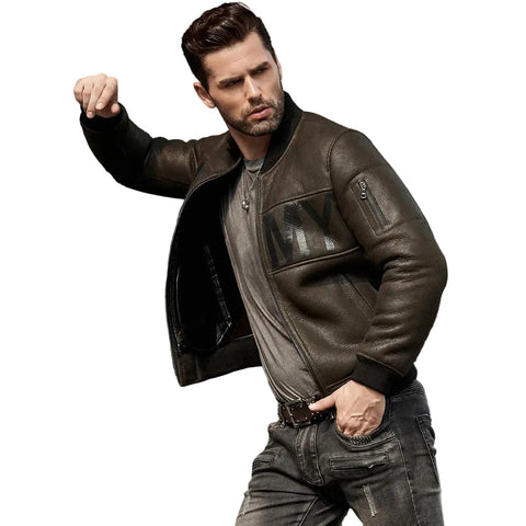 Army green shearling flight jacket for men
