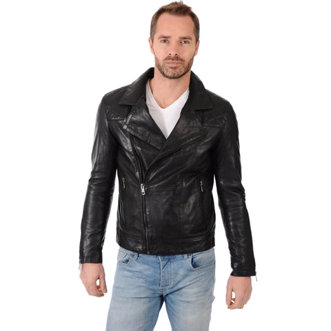 • black biker leather jacket mens lambskin front view
