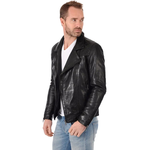 • mens black leather biker jacket notch collar detail

