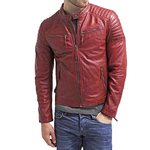men’s black lambskin leather biker jacket front view