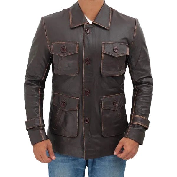 • distressed brown leather jacket mens four pockets front view
