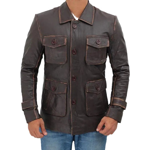 • distressed brown leather jacket mens four pockets front view
