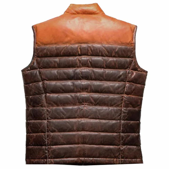 Authentic Brown Bubble Leather Down Vest for Men - AMSEL LEATHERS