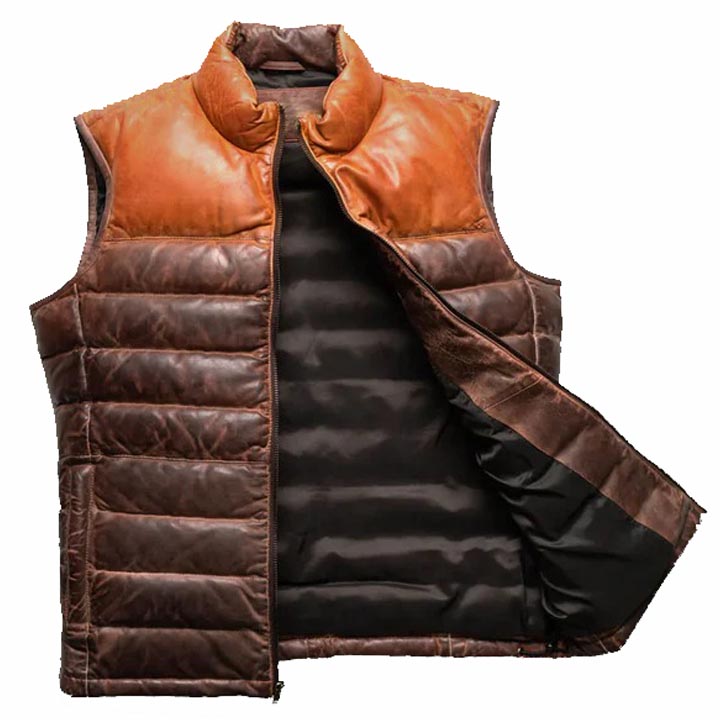 Authentic Brown Bubble Leather Down Vest for Men - AMSEL LEATHERS