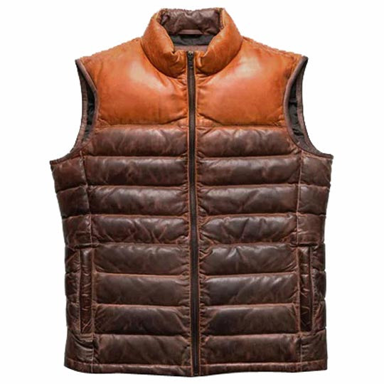 Authentic Brown Bubble Leather Down Vest for Men - AMSEL LEATHERS