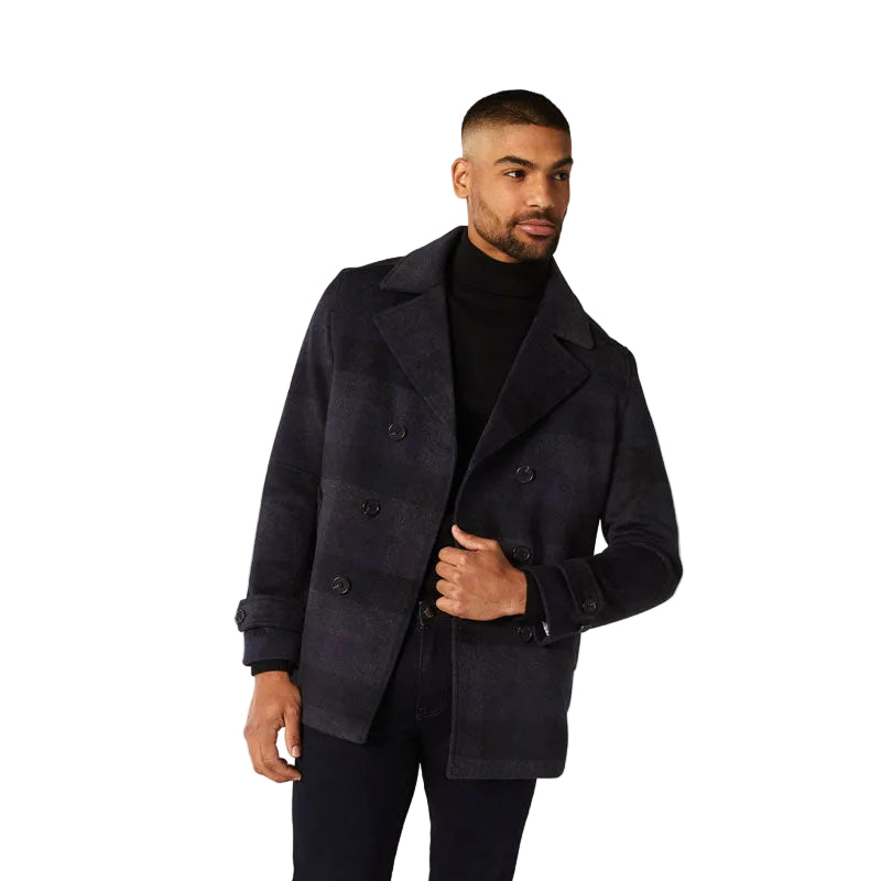 men’s navy cowhide leather coat side angle