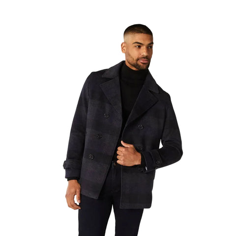 men’s navy cowhide leather coat side angle