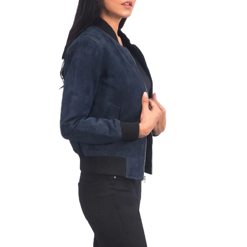 women's blue suede leather jacket sabine back view
