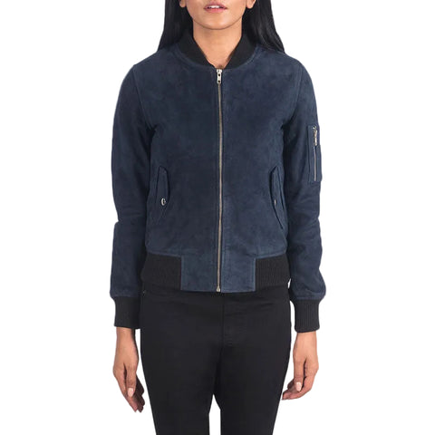 women's blue suede leather jacket sabine front view