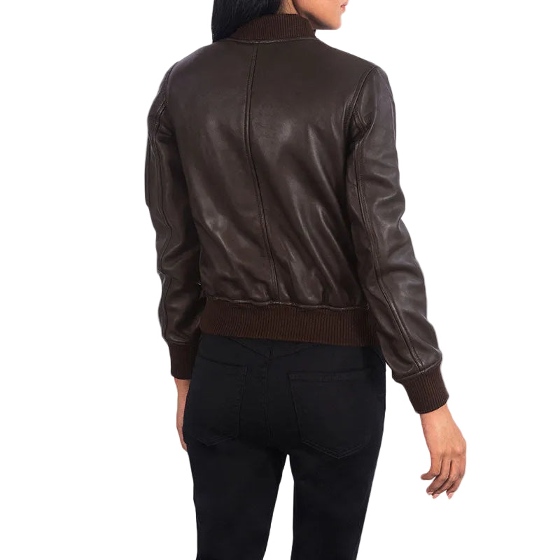 women's brown sheepskin leather bomber jacket mira side angle