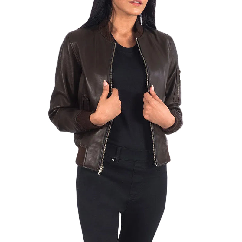 women's brown sheepskin leather bomber jacket mira back view