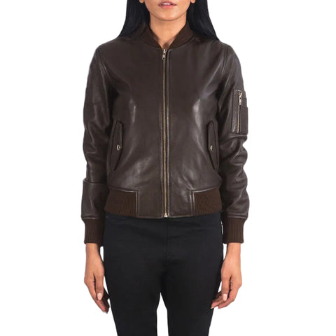 women's brown sheepskin leather bomber jacket mira front view