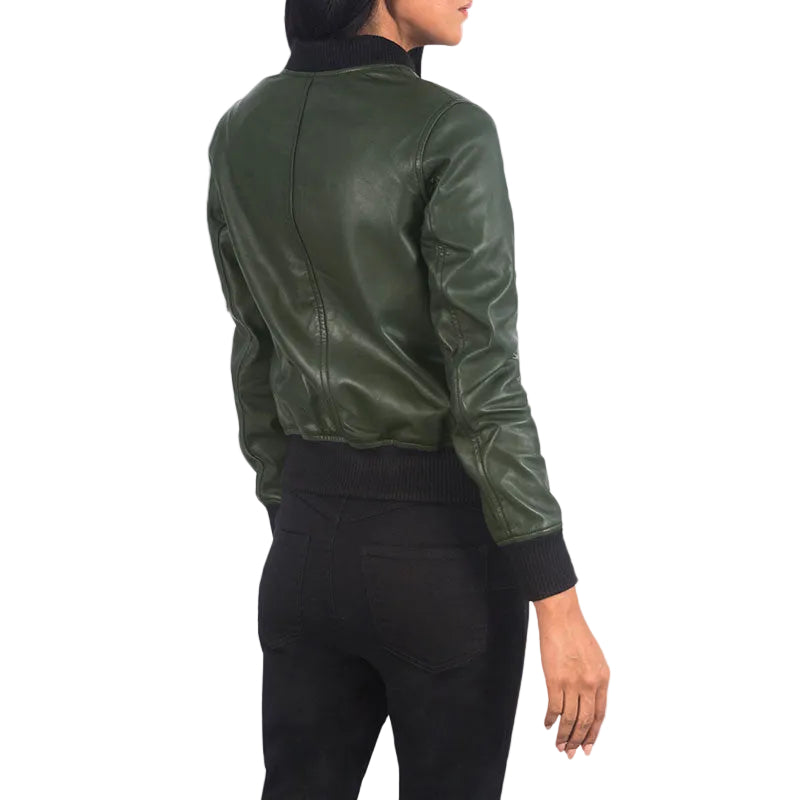 women's green sheepskin leather bomber jacket serena side angle