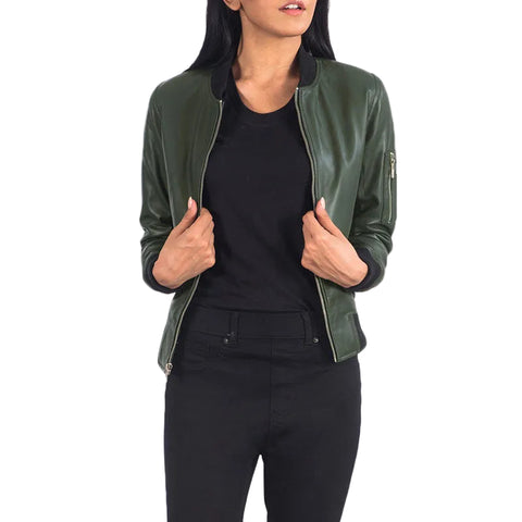women's green sheepskin leather bomber jacket serena back view