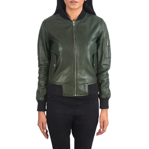 women's green sheepskin leather bomber jacket serena front view