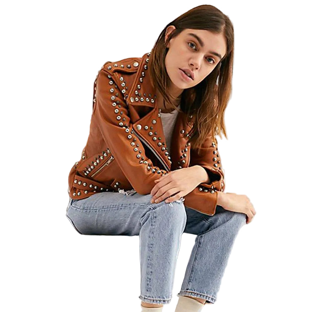 women's tan studded lambskin leather biker jacket serena side angle