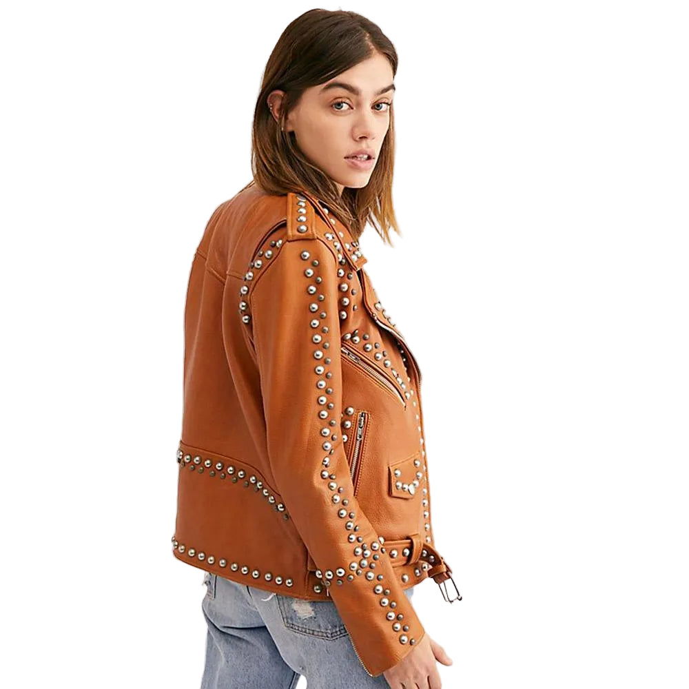 women's tan studded lambskin leather biker jacket serena back view
