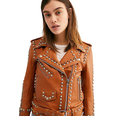 women's tan studded lambskin leather biker jacket serena detail close up