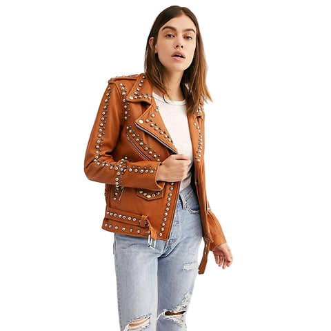 women's tan studded lambskin leather biker jacket serena front view