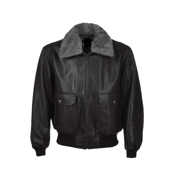 men’s black sheepskin leather aviator jacket front view