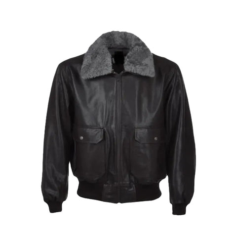 men’s black sheepskin leather aviator jacket front view