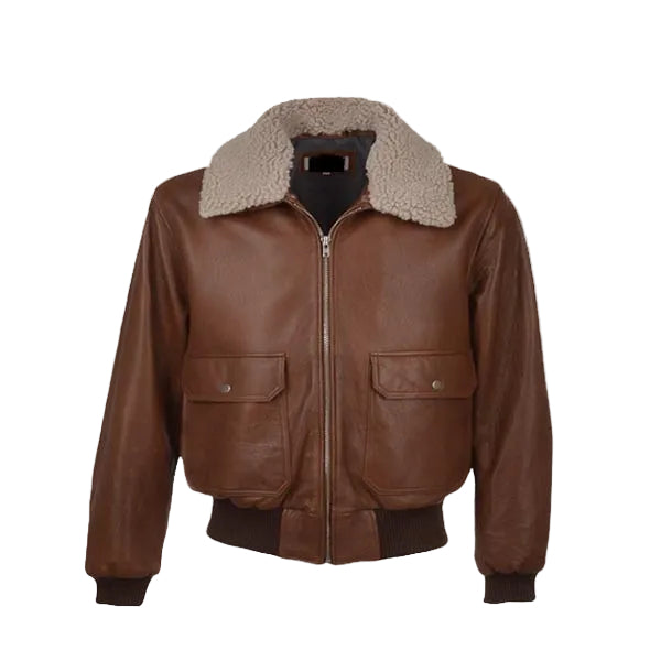 men’s brown sheepskin leather aviator jacket front view