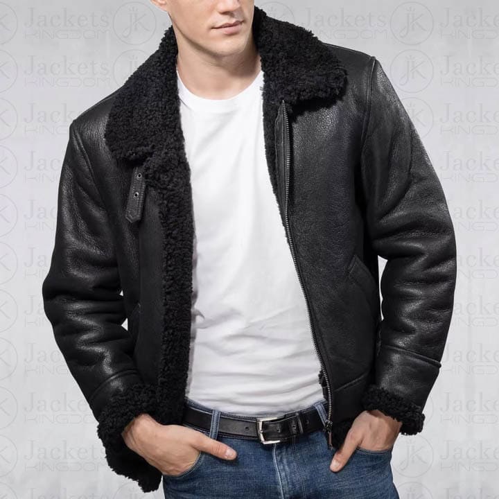 Men Aviator B3 Shearling Leather Jacket in Black - AMSEL LEATHERS