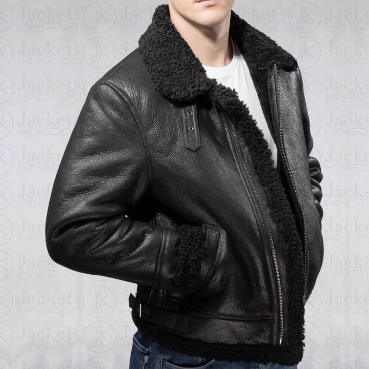 Men Aviator B3 Shearling Leather Jacket in Black - AMSEL LEATHERS